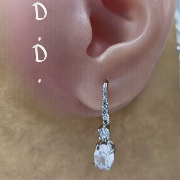 Oval Cut Clear / White Diamond Earrings with Baguette Diamonds 925 Silver - Picture 7 of 9